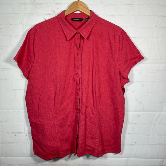 Eddie Bauer Womens Linen Button Up Blouse Top Size XXL Salmon Cap Sleeve - Picture 1 of 15